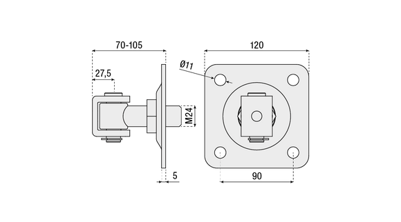 Swing Gate Adjustable Weld-on Hinge M24 With Square Fixing Plate