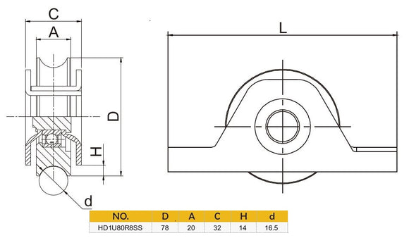 80mm Stainless Steel Internal Bracket Sliding Gate Wheel for 16mm U Groove Tracks